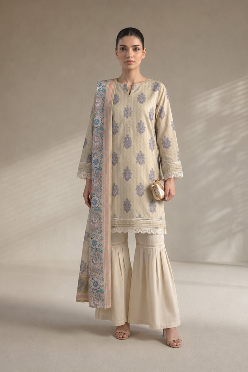 Khaadi – 3 Piece Unstiched Premium Printed Lawn Suit (Light Khaki)