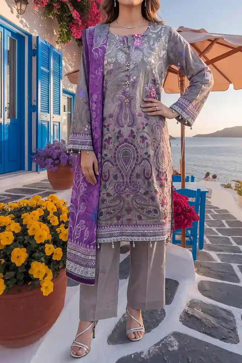 Aabruh Vol-1 3PC Unstitched Printed Lawn Suit (Pewter Gray & Vibrant Purple)