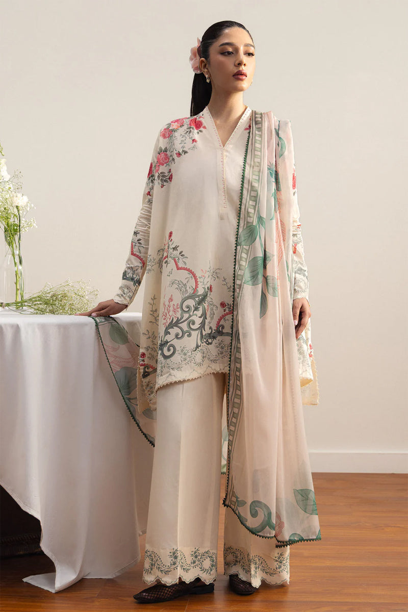 COCO By Zara Shahjahan - 3-Piece Unstitched Printed Lawn Suit (Off White)