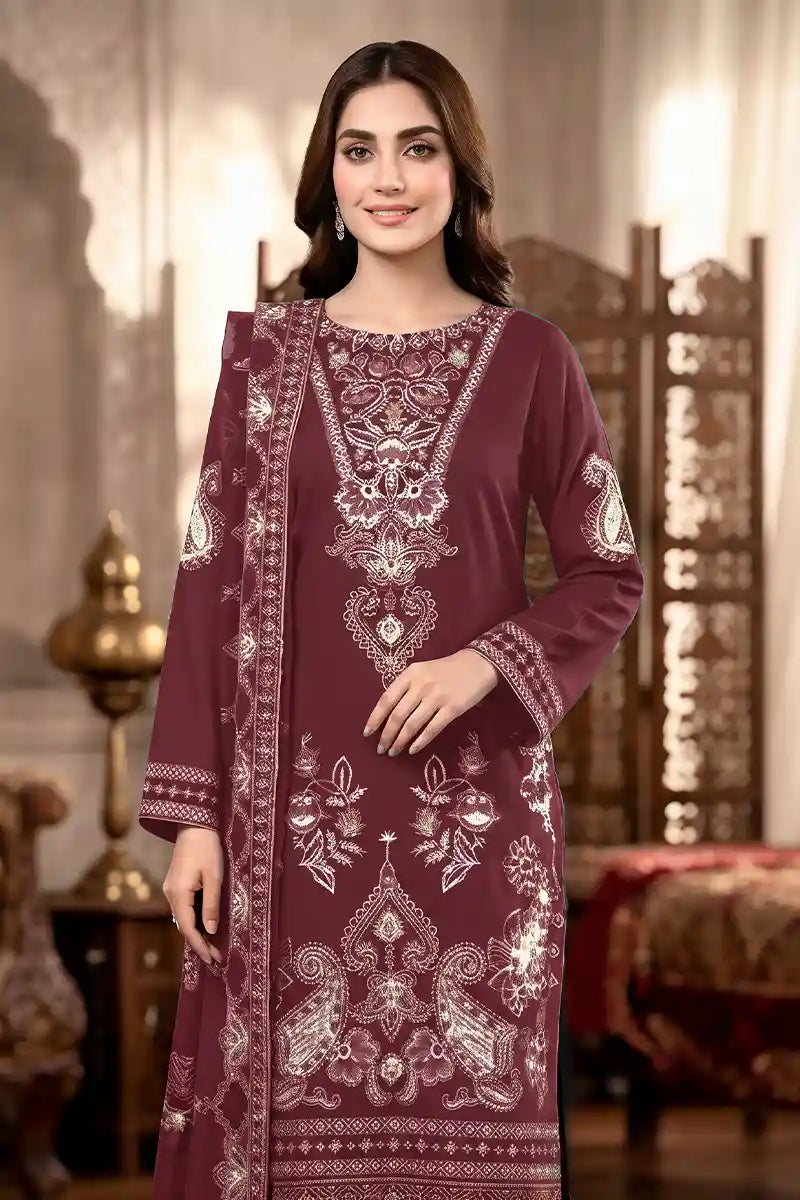 Shah Jaha by Breeza Fashion - 3PC Unstitched Embroidered Lawn Suit (Deep Plum)