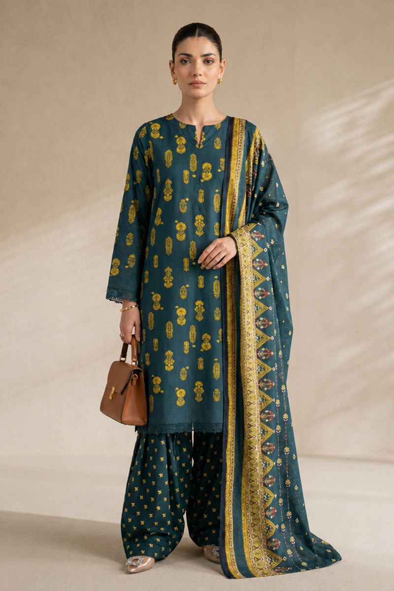 Khaadi (Vol.4) – 3 Piece Unstitched Printed Lawn Suit (Deep Teal & Mustard Yellow)
