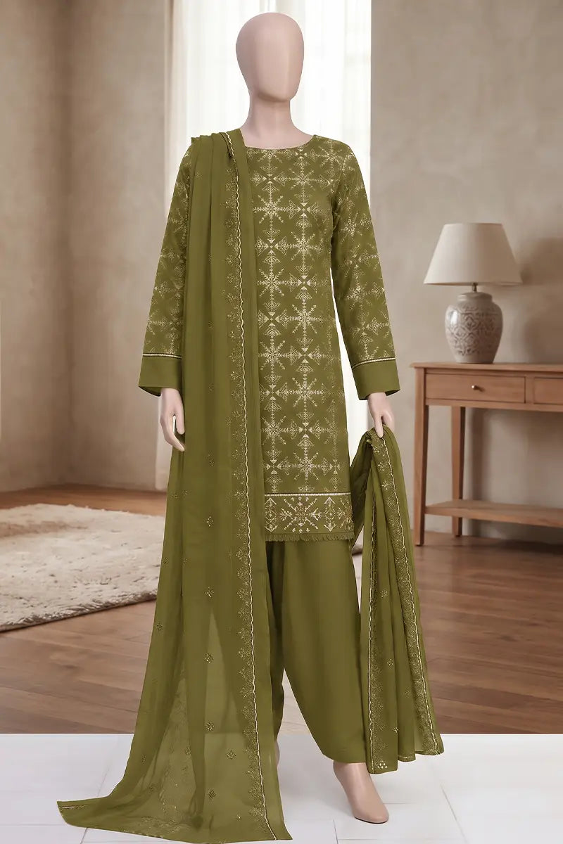 Breeza by Breeza Fashion - 3PC Unstitched Embroidered Lawn Suit (Olive Green)