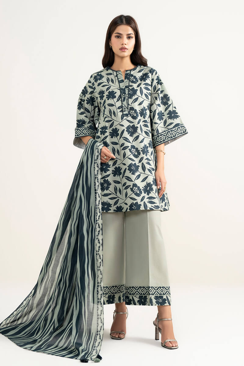 Sapphire (Vol.4) - 3PC Unstitched Printed Lawn Suit (Pale Sage Green & Deep Navy)