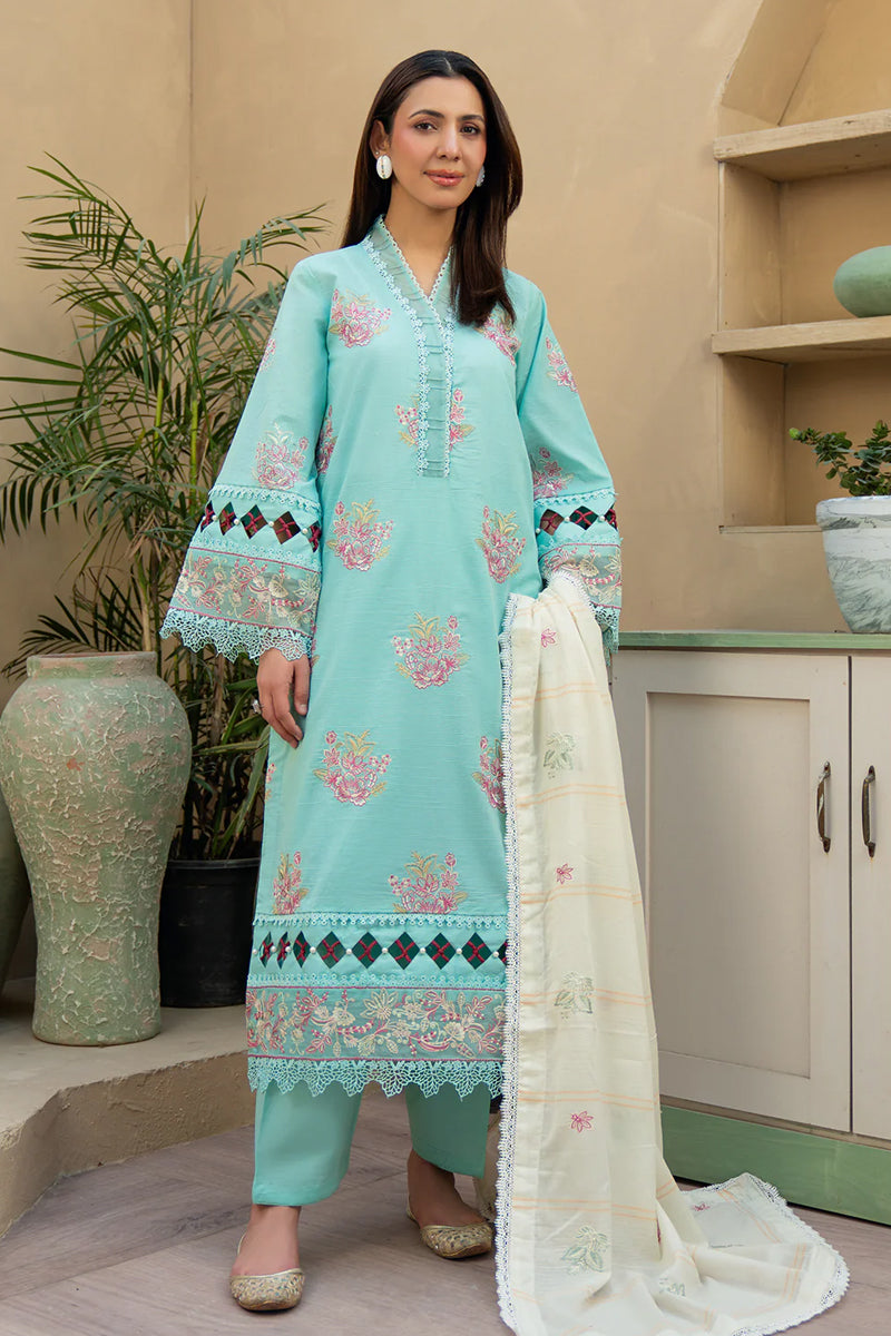 Khimar By Johra - 3PC Unstitched Embroidered Lawn Suit (Ice blue & White)