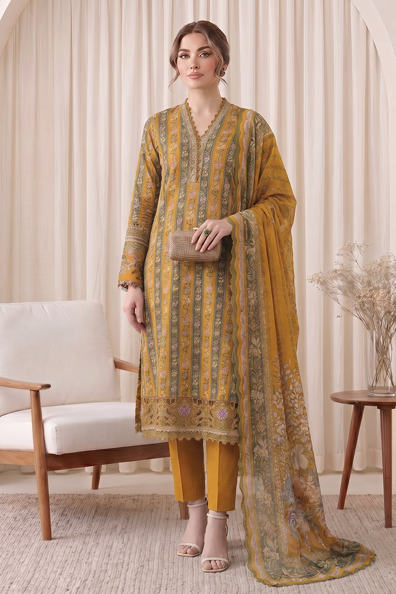 Gul Rang By Bareezé – 3-Piece Unstiched Printed Classic Lawn (Dark Goldenrod)
