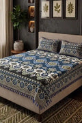 KBCFashion - Premium Multani Double Bed Sheet Set with Zari Work (Slate Blue)
