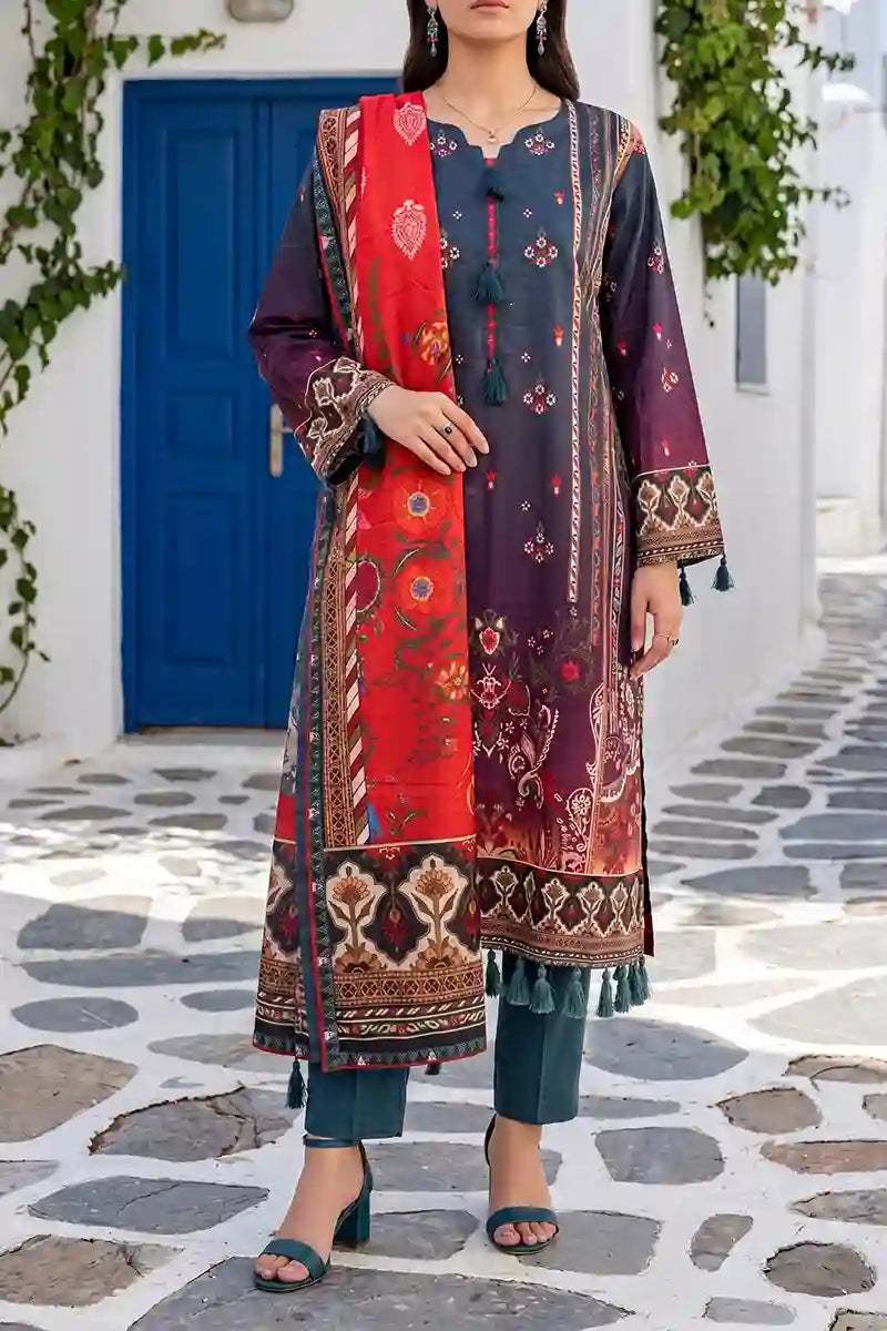 Aabruh Vol-1 3PC Unstitched Printed Lawn Suit (Deep Aubergine & Crimson)