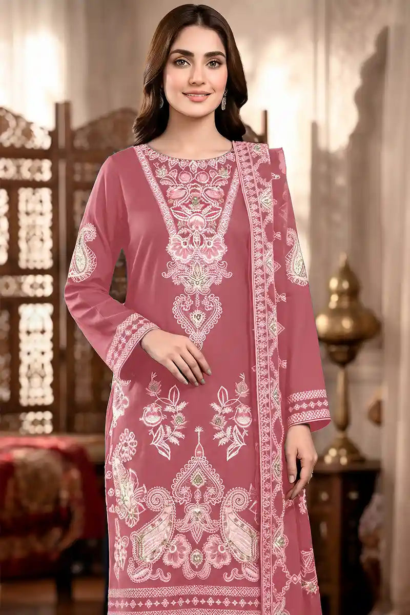 Shah Jaha by Breeza Fashion - 3PC Unstitched Embroidered Lawn Suit (Dusty Pink)