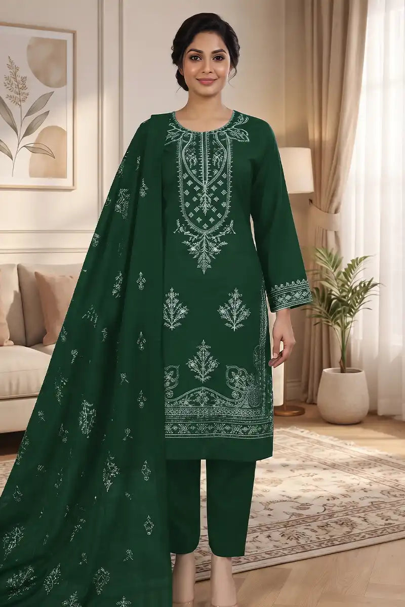 Gulmeher by Breeza Fashion - 3PC Unstitched Embroidered Lawn Suit (Dark Green)