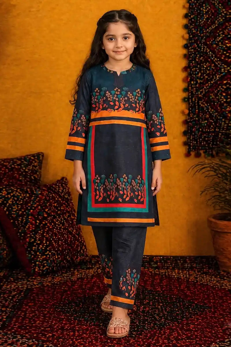 Ting Tone by Almeerah - Girls Unstitched 2-Piece Suit (8 to 12 Years) (Dark Navy)