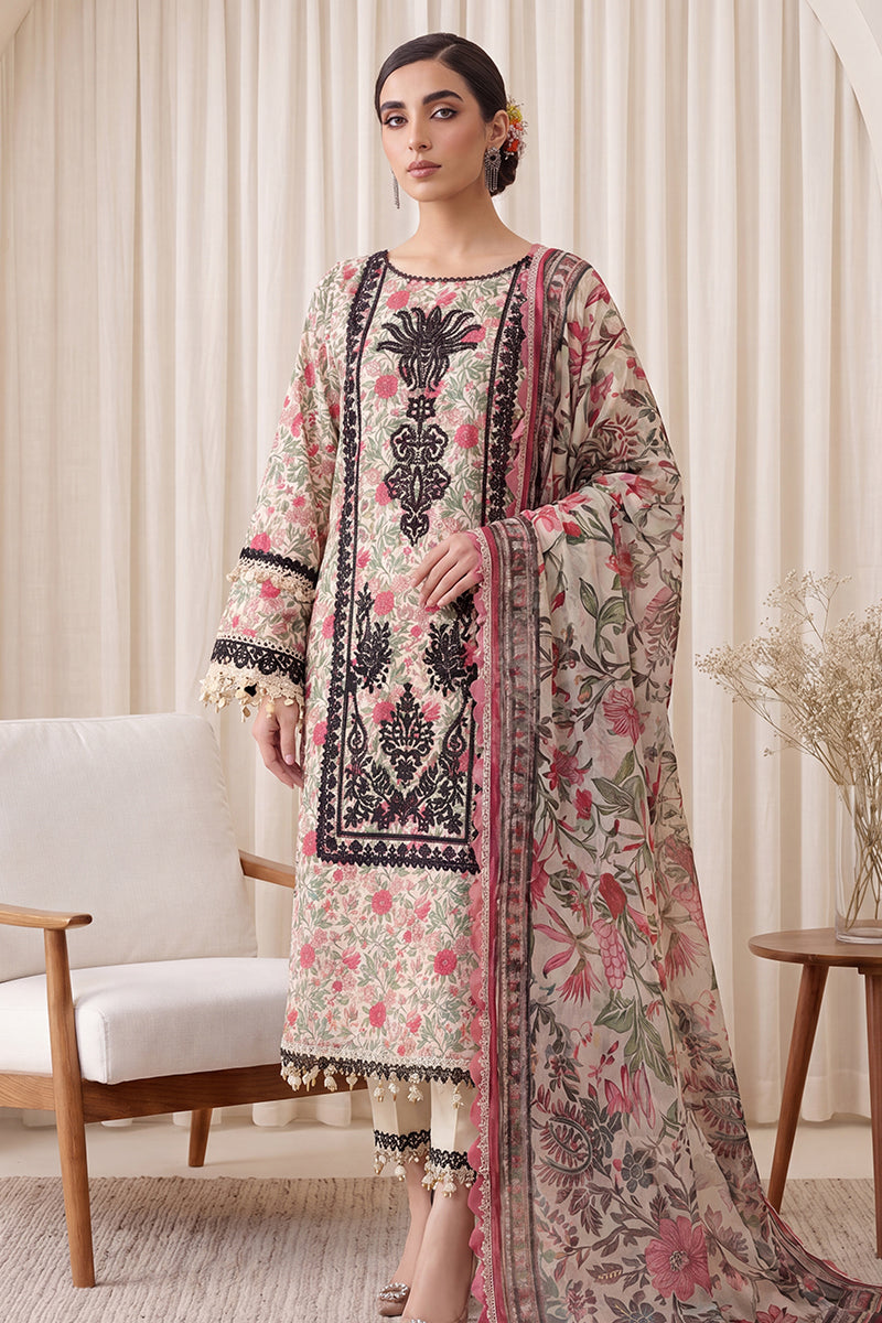 Gul Rang By Bareezé – 3-Piece Unstiched Printed Classic Lawn (Pale Cream & Salmon)