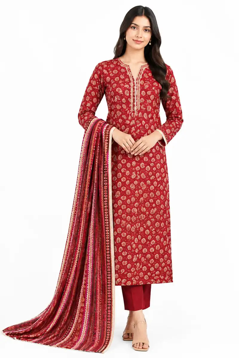 Khaadi 3-Piece Unstitched Printed Lawn Suit (Crimson Red)
