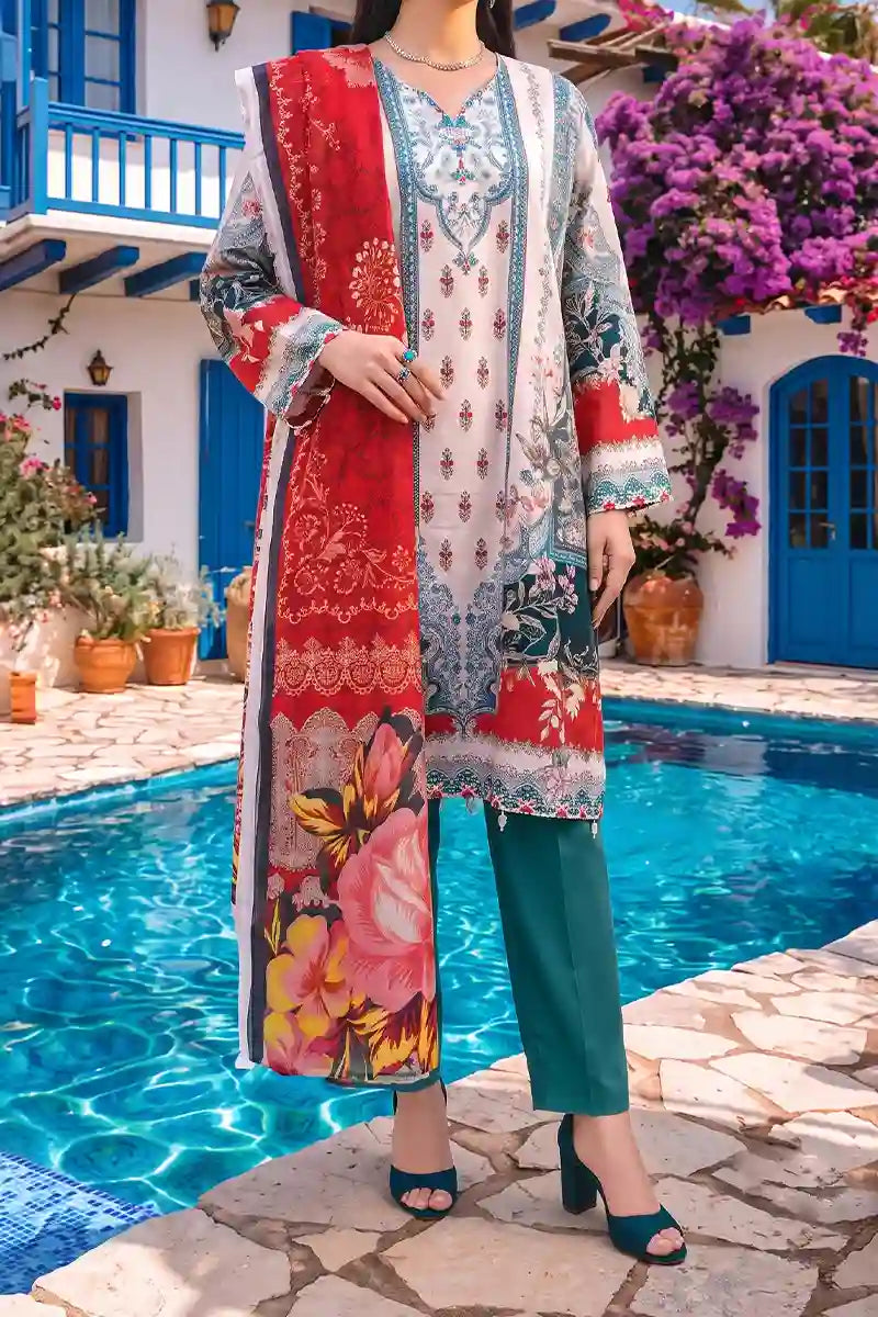 Aabruh Vol-1 3PC Unstitched Printed Lawn Suit (Seafoam, Red & White Flora)