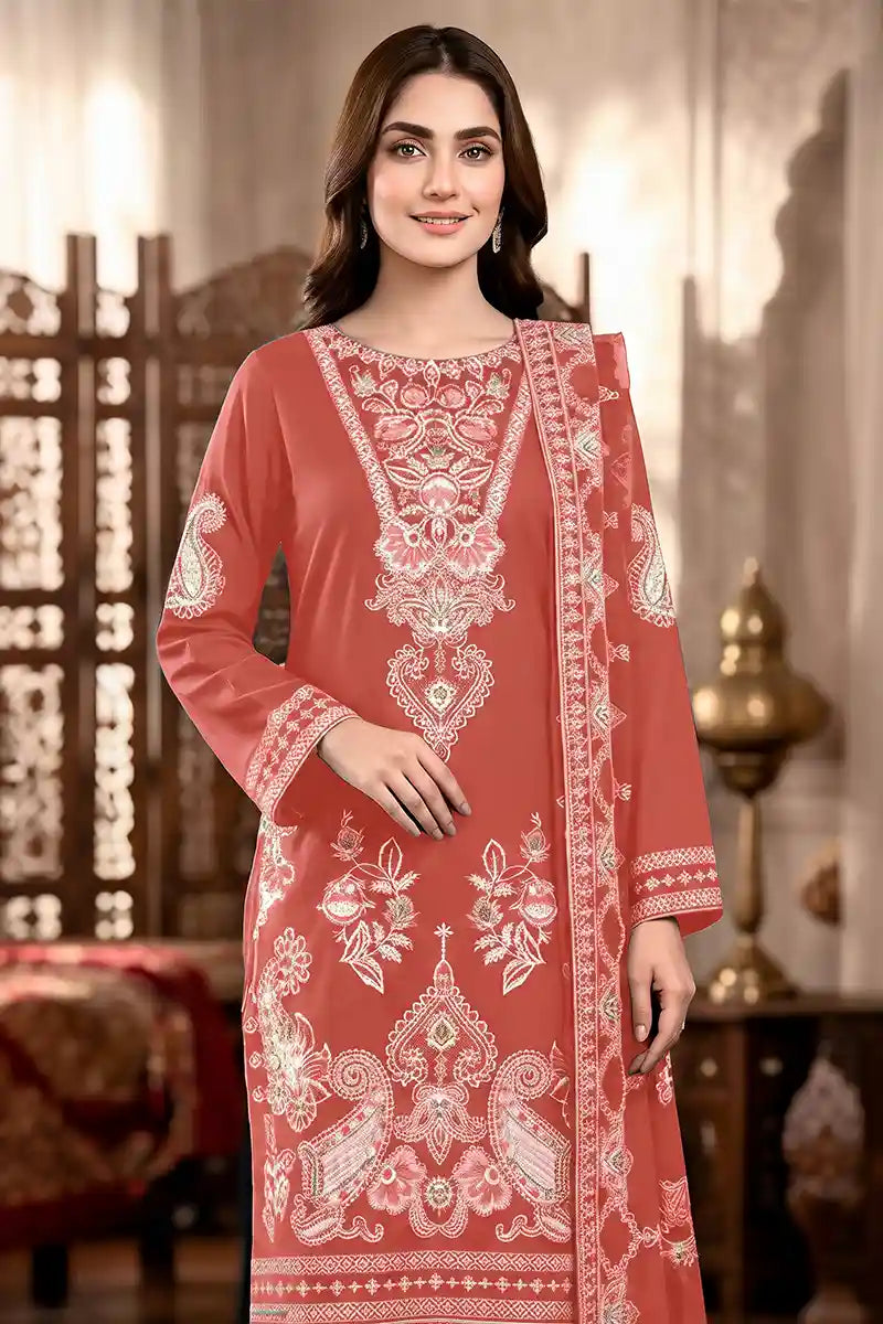 Shah Jaha by Breeza Fashion - 3PC Unstitched Embroidered Lawn Suit (Terracotta Pink)