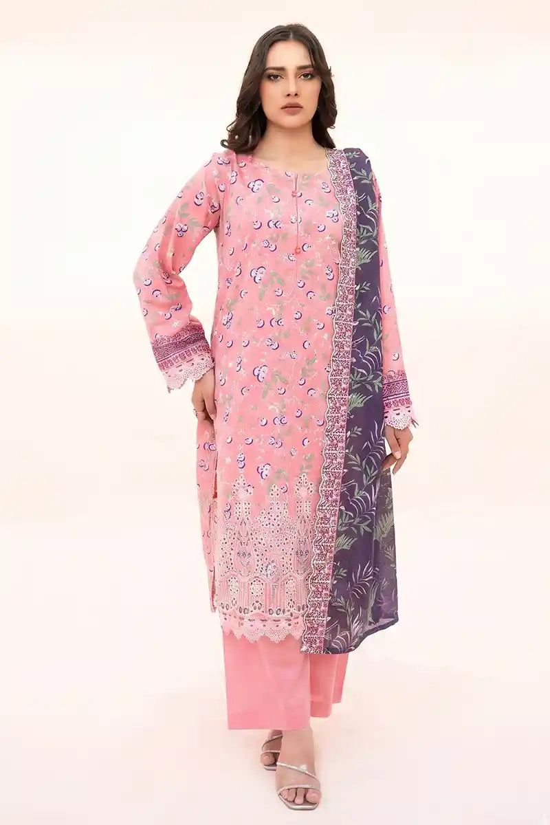 Zesh - 3PC Unstitched Embroidered Lawn Suit (Soft Rose Pink & Dark Purple)
