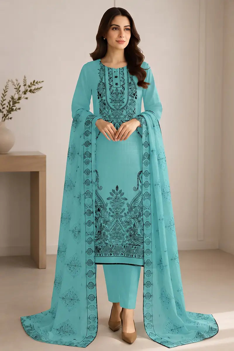Princess by Breeza Fashion - 3PC Unstitched Embroidered Lawn Suit (Soft Turquoise)