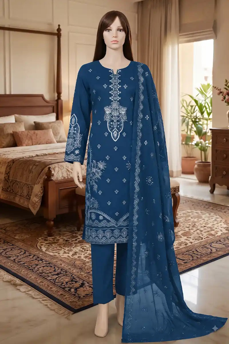 Arooj by Breeza Fashion - 3PC Unstitched Embroidered Lawn Suit (Blue)