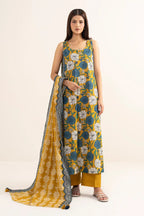 Sapphire Vol.7 - 3PC Unstitched Printed Lawn Suit (Mustard Yellow & Slate Blue Floral)