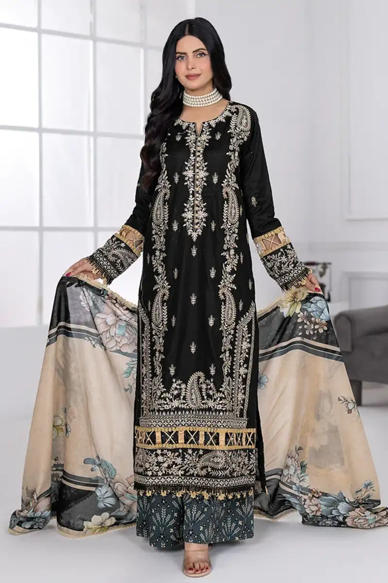 Muswa By Johra - 3PC Unstitched Embroidered Lawn Suit (Black)
