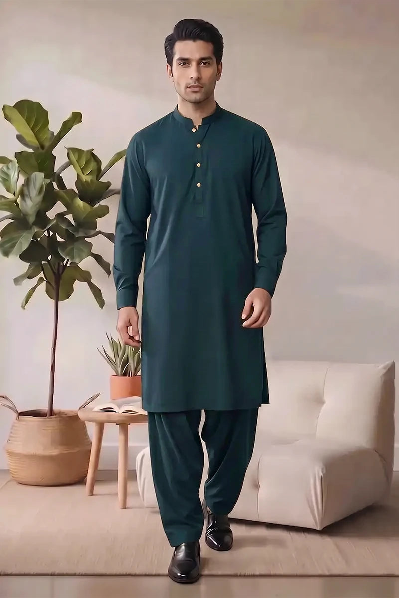 Saya Men’s Wash & Wear Unstitched Suit (Pine Green)