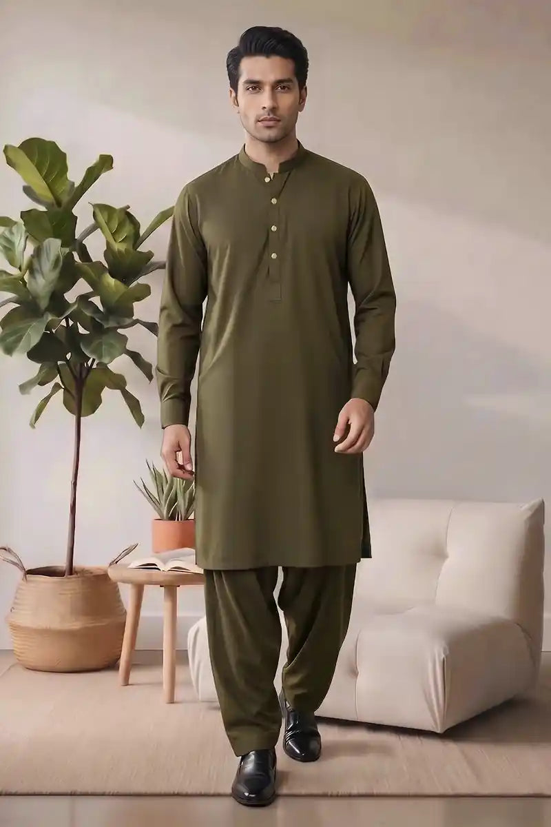 Saya Men’s Wash & Wear Unstitched Suit (Olive Green)