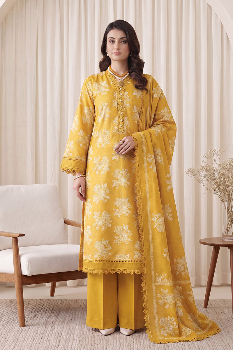 Gul Rang By Bareezé – 3-Piece Unstiched Printed Classic Lawn (Mustard Yellow)