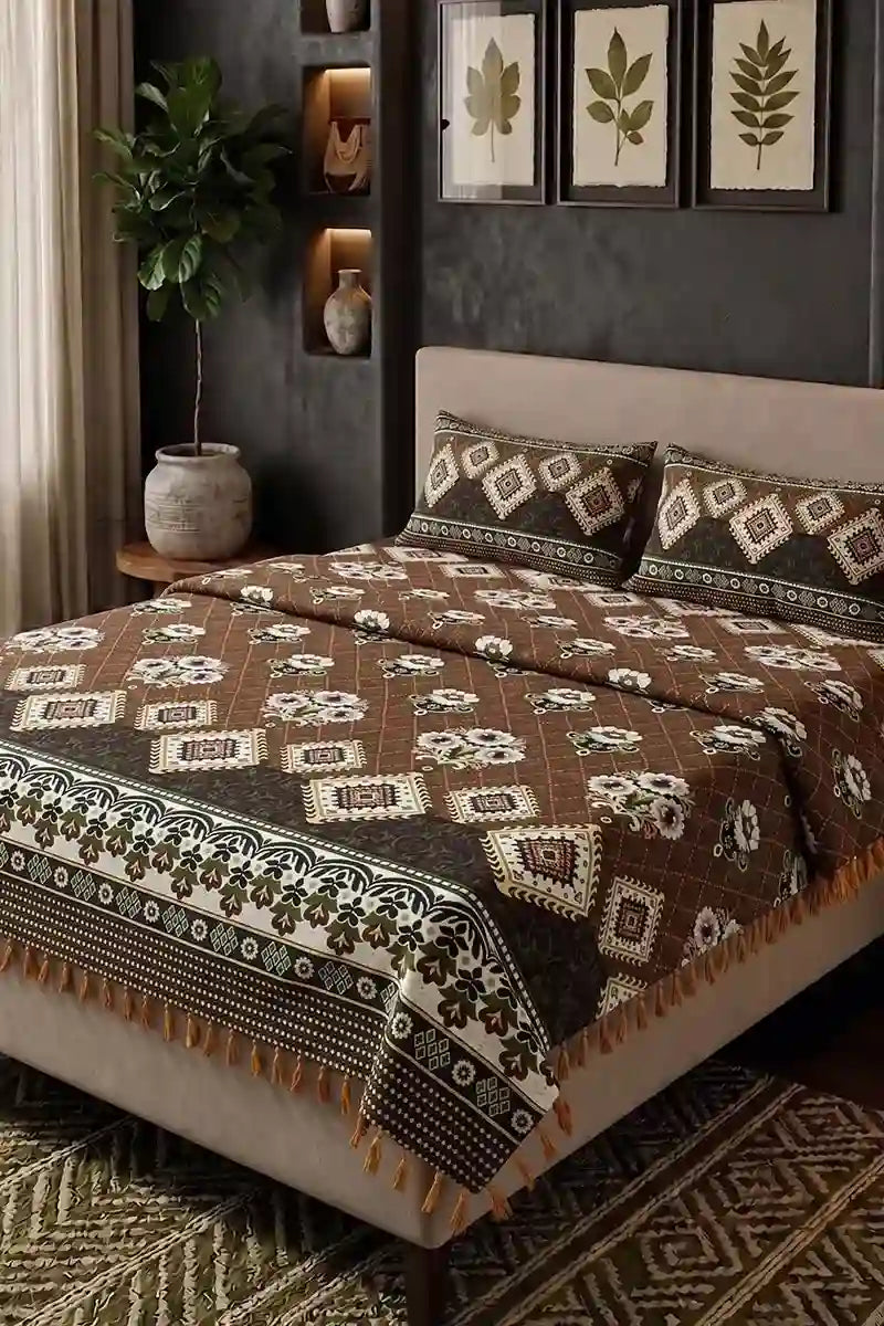 KBCFashion - Premium Multani Double Bed Sheet Set with Zari Work (Primary Brown)