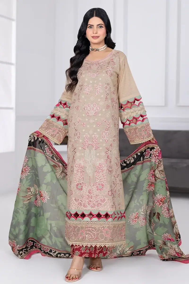 Muswa By Johra - 3PC Unstitched Embroidered Lawn Suit (Sand Beige)