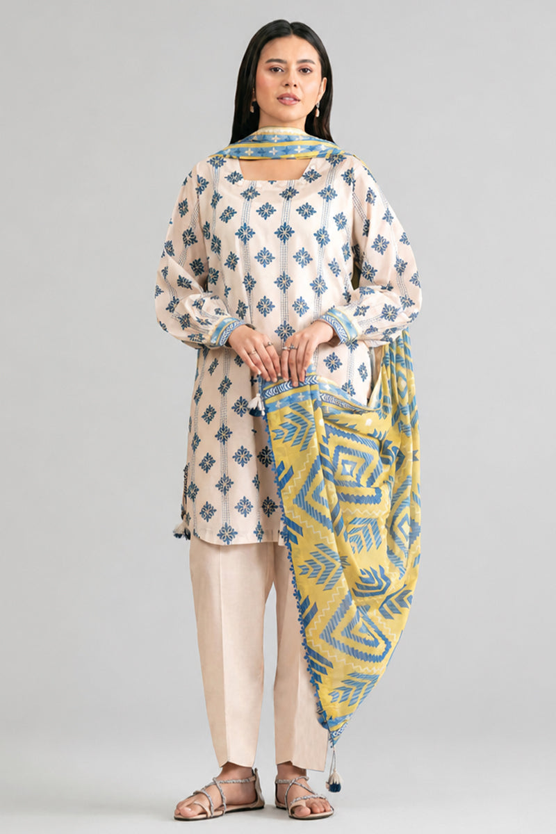 Nishat (Vol.4) - 3pc Unstitched Digital Embroidered Printed Lawn (Soft Ivory & Olive Yellow)