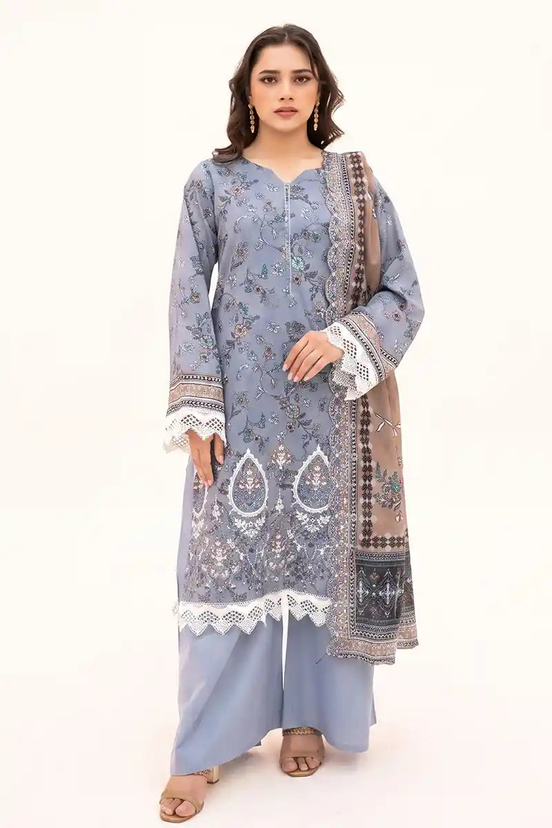 Zesh - 3PC Unstitched Embroidered Lawn Suit (Dusty Slate Blue)