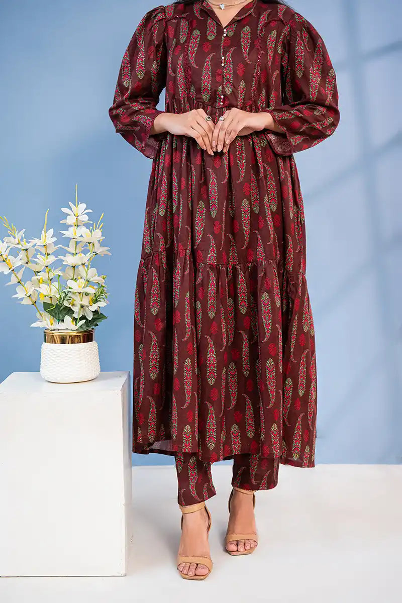 Naqsh Premium Printed Lawn Stitched Suit Set (Deep Maroon)