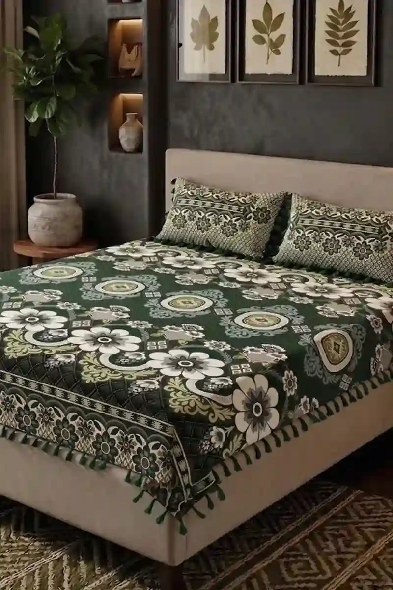 KBCFashion - Premium Multani Double Bed Sheet Set with Zari Work (Dark Green)