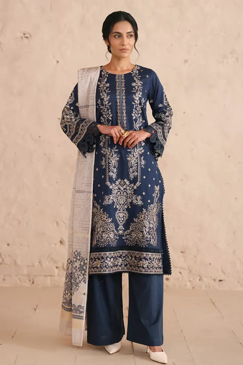 Vasal By Johra - 3PC Unstitched Embroidered Lawn Suit (Navy Blue)
