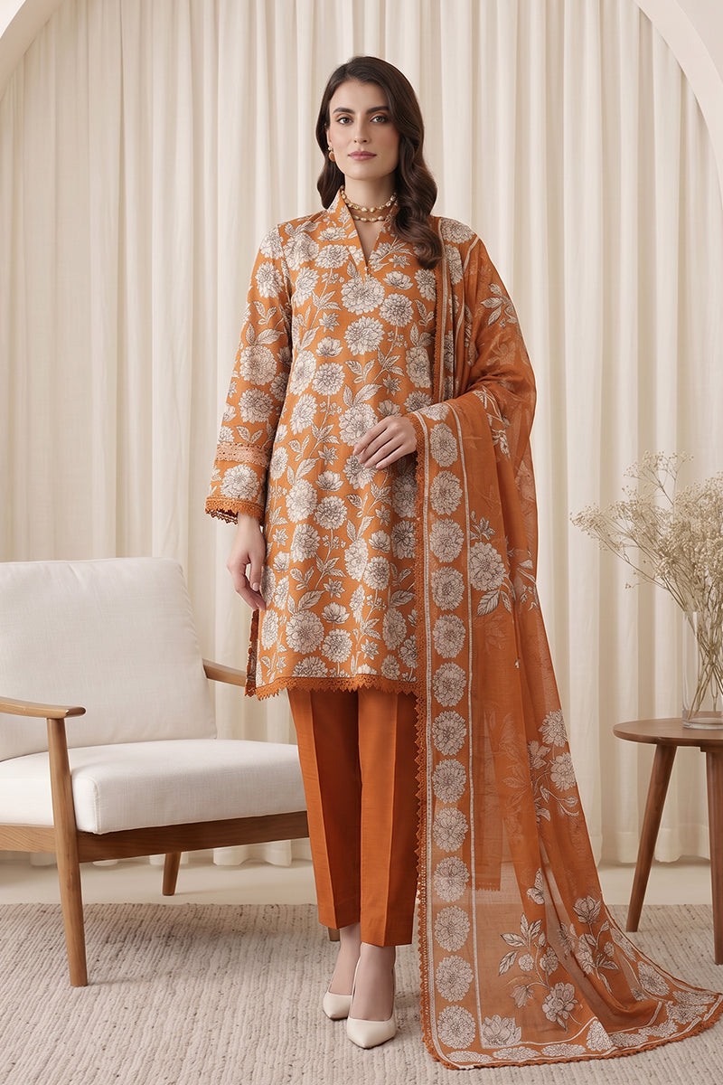 Gul Rang By Bareezé – 3-Piece Unstiched Printed Classic Lawn (Rust Orange)
