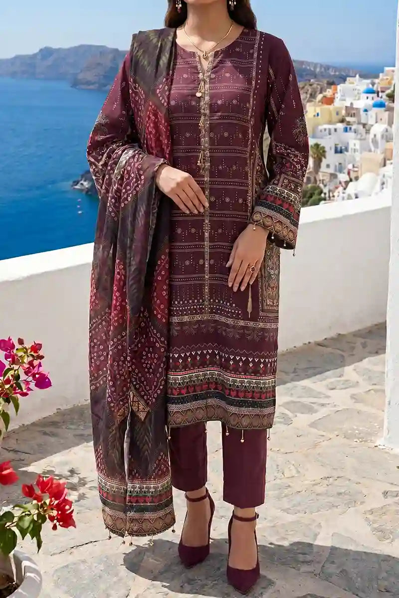 Aabruh Vol-1 3PC Unstitched Printed Lawn Suit (Deep Maroon)