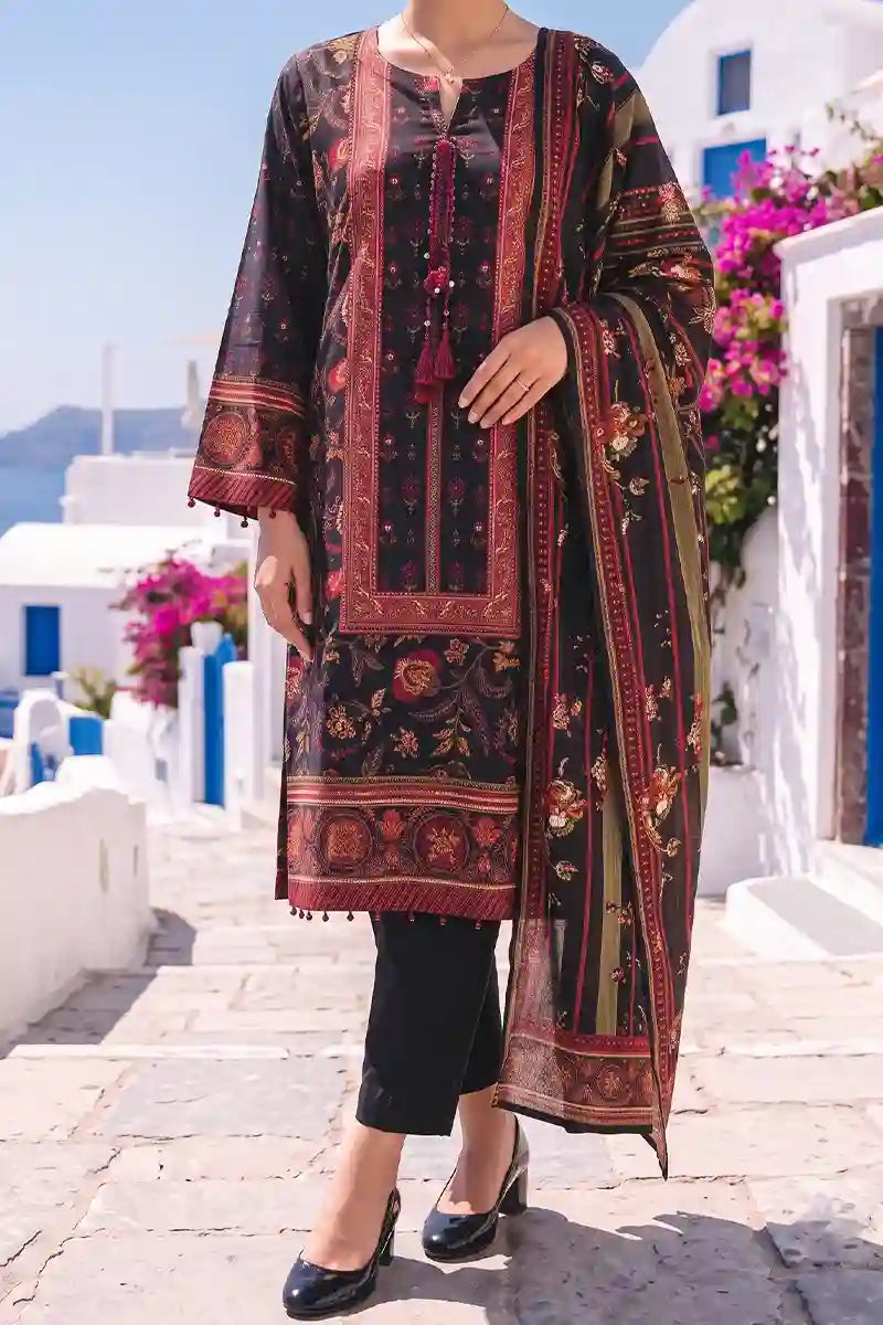 Aabruh Vol-1 3PC Unstitched Printed Lawn Suit (Charcoal Black & Red Rust)
