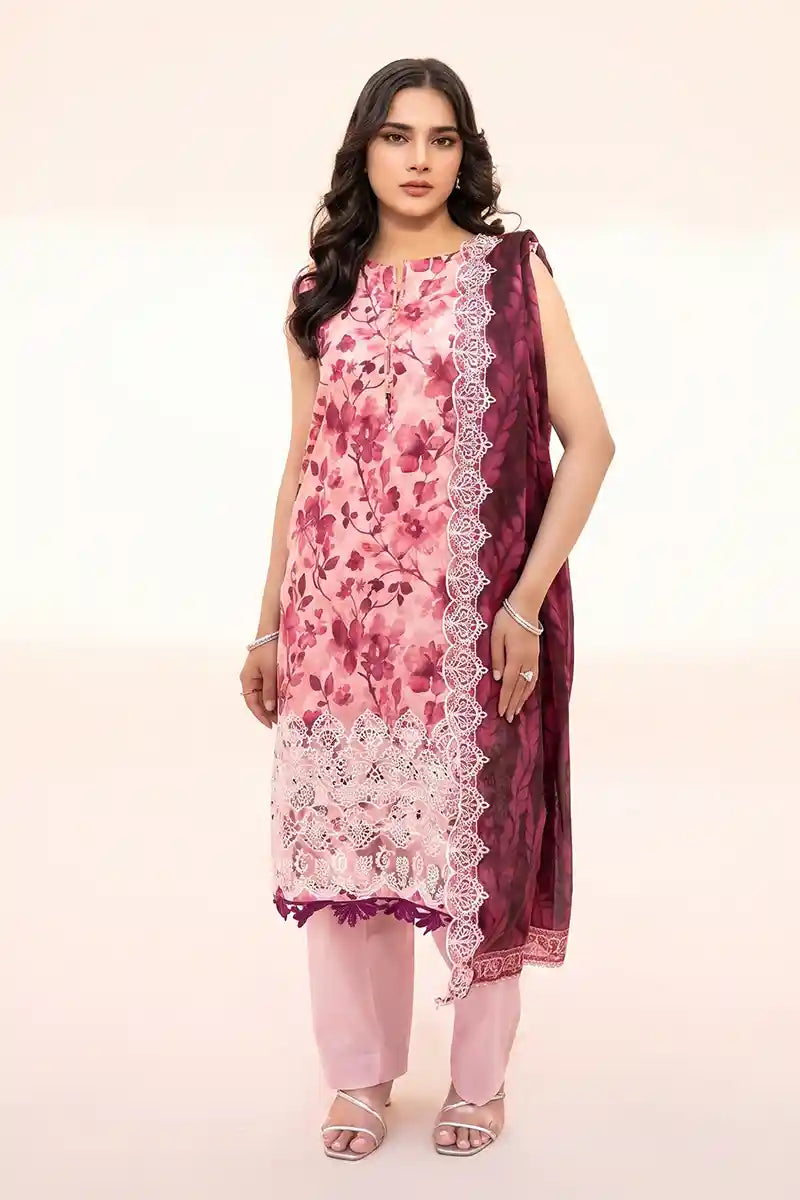 Zesh - 3PC Unstitched Embroidered Lawn Suit (Baby Pink & Wine)