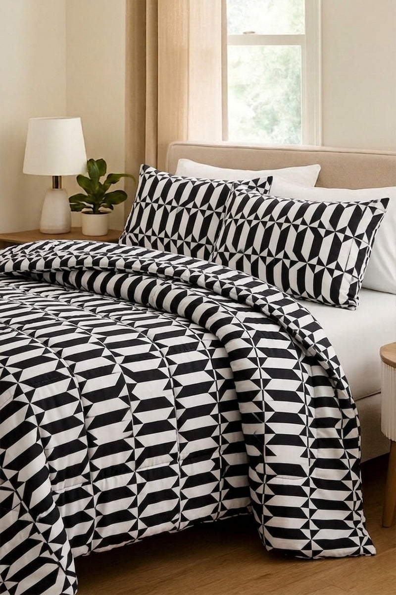 Premium Printed 200 GSM Comforter (Crisp White & Charcoal Black)
