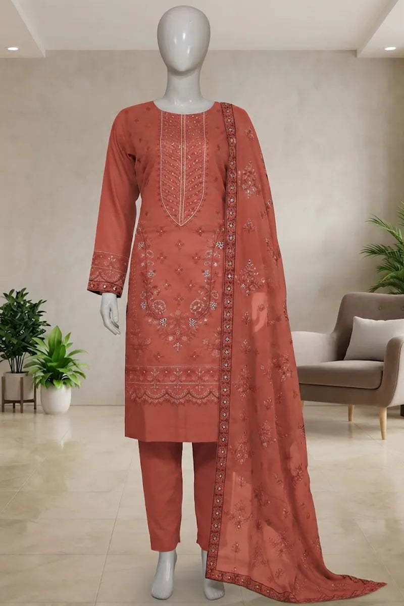 Pariyon Ki Rani by Breeza Fashion - 3PC Unstitched Embroidered Lawn Suit (Terracotta Red)