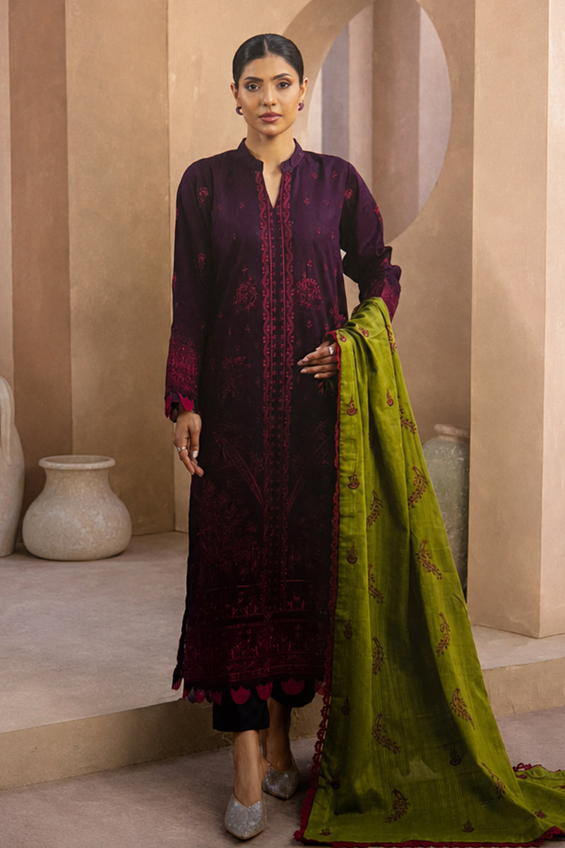Mahrin By Johra - Premium 3PC Unstitched Embroidered Lawn Suit (Beetroot & Vibrant Stem)