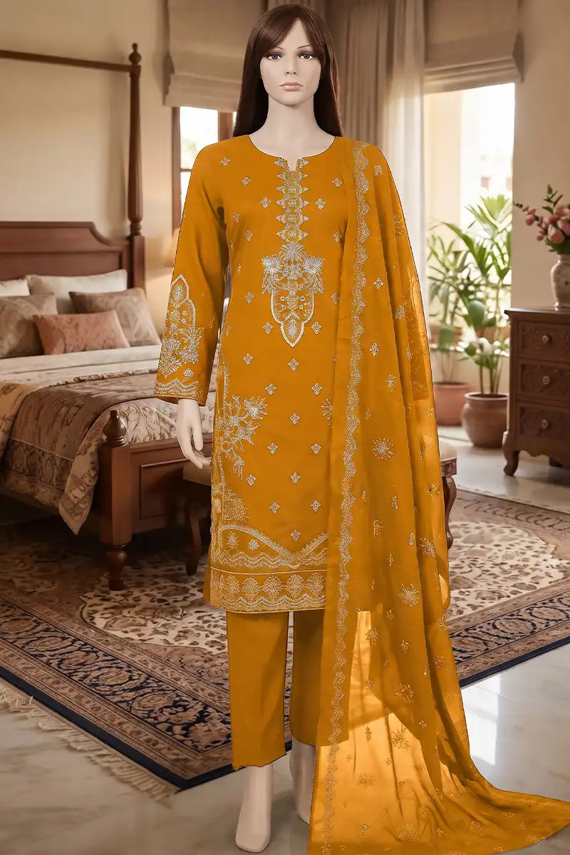 Arooj by Breeza Fashion - 3PC Unstitched Embroidered Lawn Suit (Mustard Yellow)