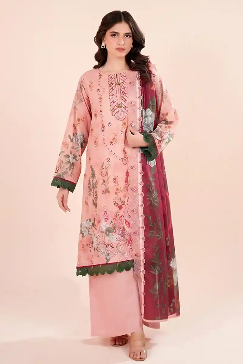 Zesh - 3PC Unstitched Embroidered Lawn Suit (Blush Pink & Deep Red Berry)