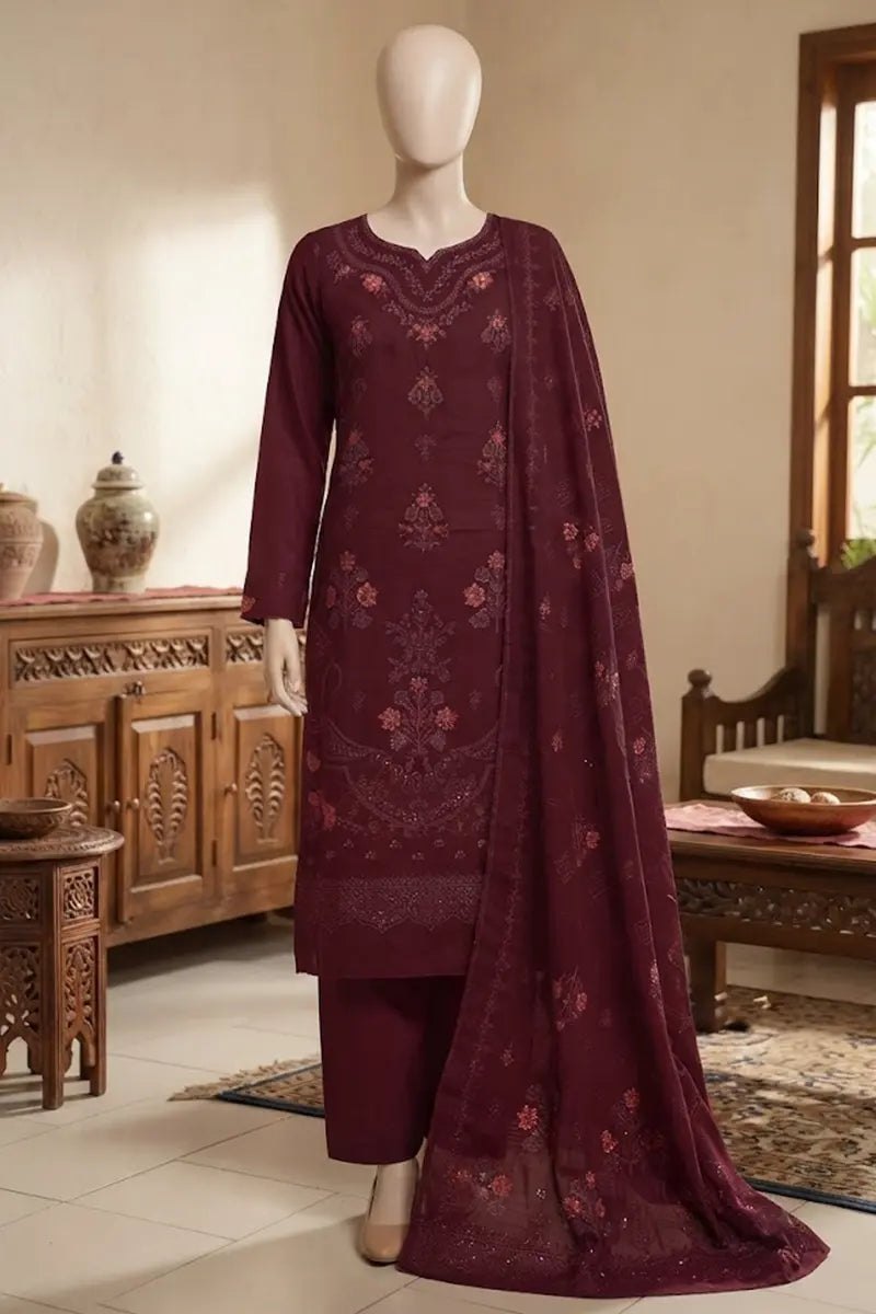 Noor by Breeza Fashion - 3PC Unstitched Embroidered Lawn Suit (Maroon)