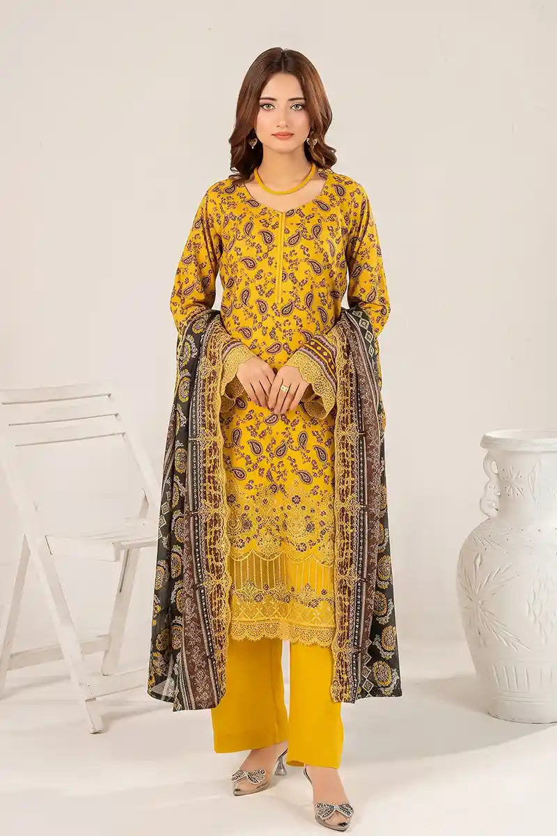 Zesh - 3PC Unstitched Embroidered Lawn Suit (Golden Yellow & Charcoal)