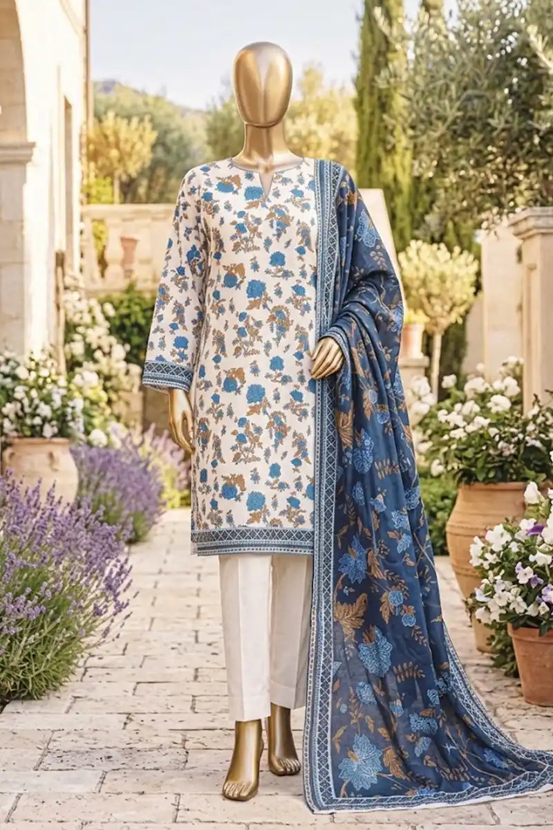 Safina Zeenat Printed Lawn 3-Piece Unstitched Suit (Steel Blue)