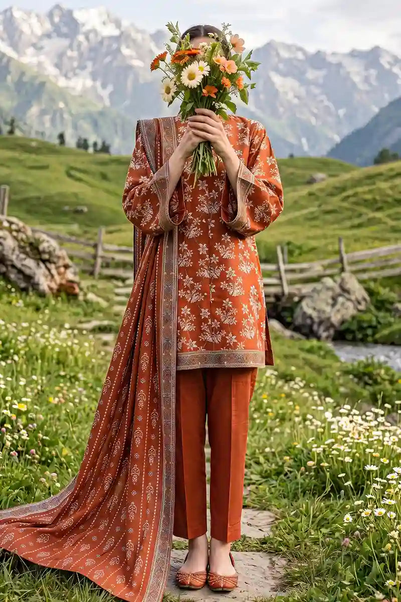 Almeerah - Nelofir Bloom 3PC Unstitched Printed Lawn Suit (Terracotta Muse)