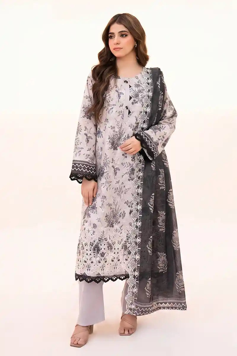 Zesh - 3PC Unstitched Embroidered Lawn Suit (Light Grey & Charcoal)