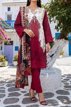 Aabruh Vol-1 3PC Unstitched Printed Lawn Suit (Deep Crimson Maroon & Off-White)