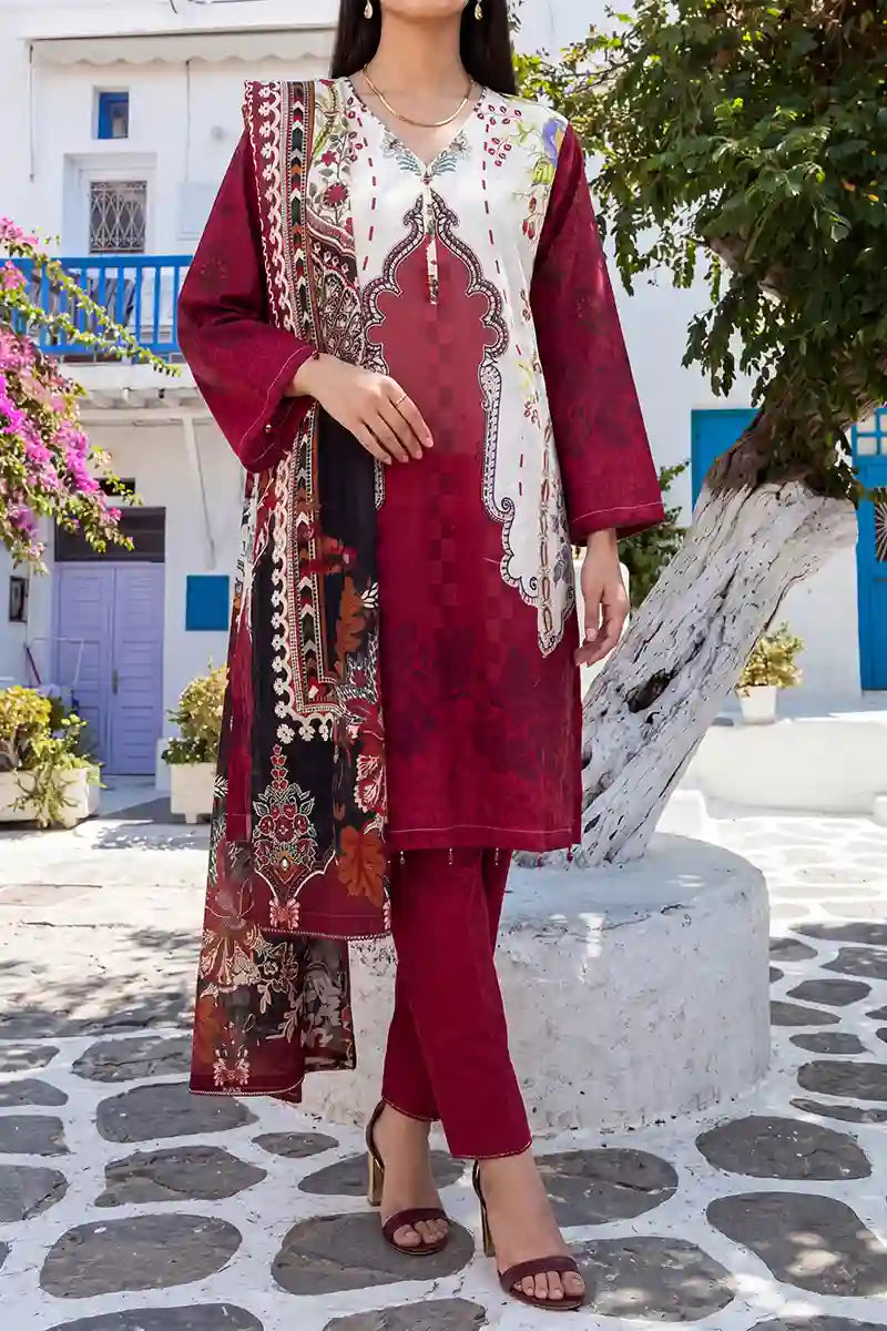 Aabruh Vol-1 3PC Unstitched Printed Lawn Suit (Deep Crimson Maroon & Off-White)