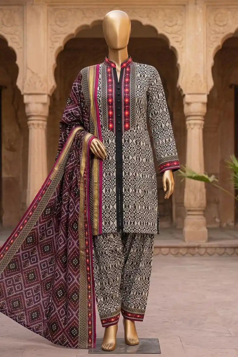 Agha Noor Printed Collection by KBC Fashion - 3PC Unstitched Suit (Charcoal)